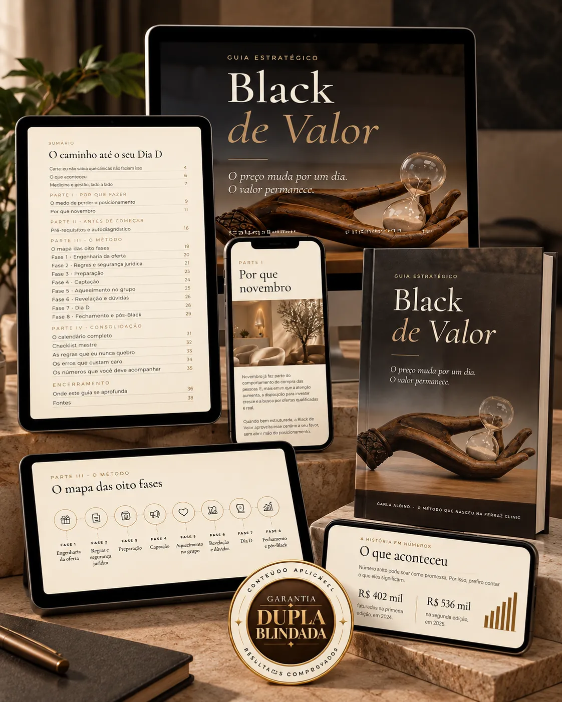 Mockup do Black de Valor™: cartilha impressa, aula e o conteúdo aberto em tablet, celular e notebook