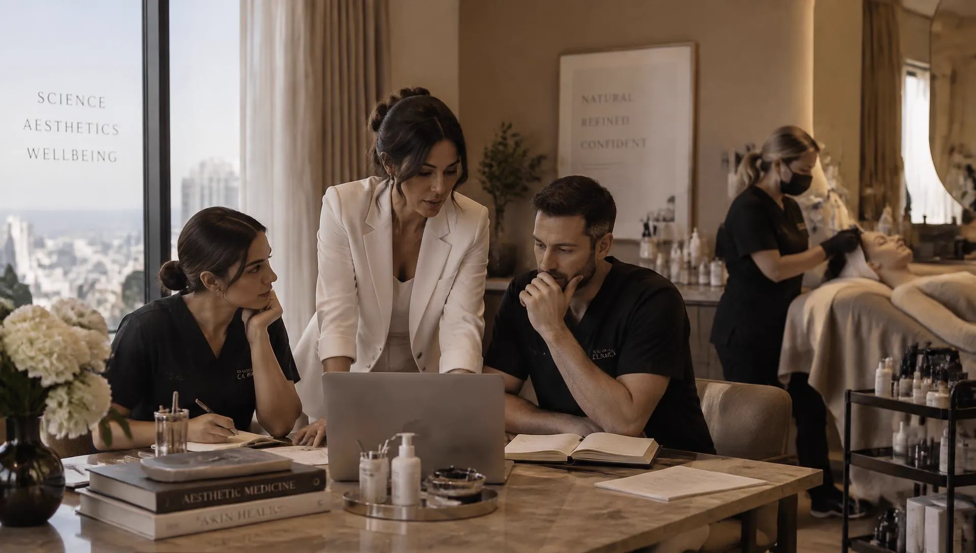 Equipe de uma clínica premium analisando a operação
